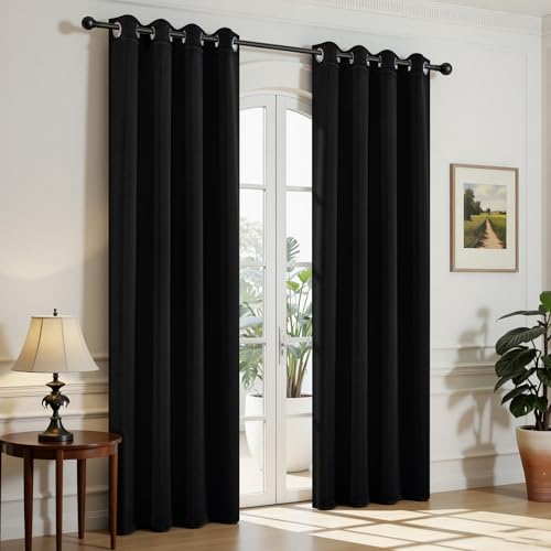 Joydeco Blackout Curtains 84 Inch Length 2 Panels Set, Thermal Insulated Long Curtains& Drapes 2 Burg, Room Darkening Grommet Drapes for Bedroom Living Room Window (Black, W52 x L84 Inch)