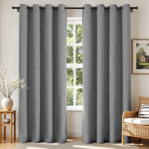 Joydeco Grey CurtainsBlackout Curtains for Bedroom, Light Grey 90 Inch Curtains for Bedroom, Linen Room Darkening Burlap Grommet Textured Curtains&Drapes (52x90 inch, Light Grey)