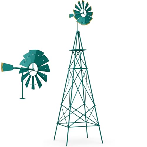 GiantexUK Garden Metal Windmill, 8FT Ornamental Wind Mill, Garden Decoration Weather Vane for Farm, Backyard and Patio (Blue-green, More X-braces)
