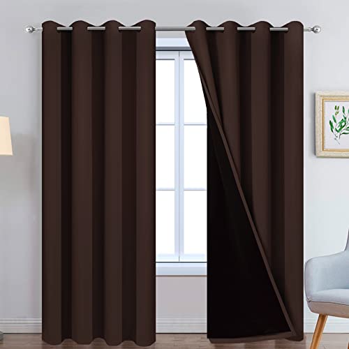 Yakamok 100% Blackout Curtains for Bedroom, 2 Thick Layers Thermal Insulated Grommet Total Blackout Drapes with Black Liner for Living Room (52Wx90L,Chocolate Brown, 2 Panels)