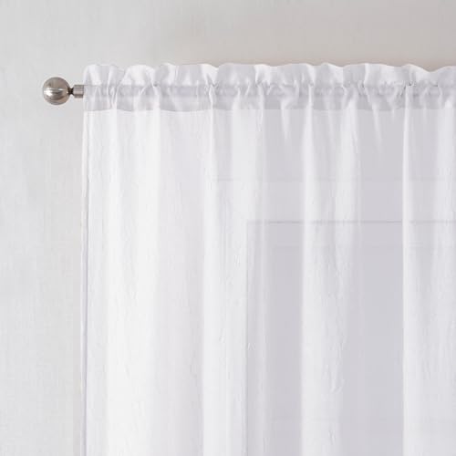 Chyhomenyc Crushed White Sheer Cafe Curtains 24 Inch Length 2 Panels, Light Filtering Crinkle Voile Bedroom Living Room Short Curtains, Each 42Wx24L Inches
