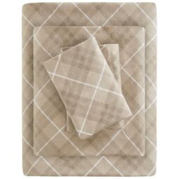 SLEEP PHILOSOPHY True North Cozy Flannel Warm 100% Cotton Sheet - Novelty Print Animals Stars Cute Ultra Soft Cold Weather Bedding Set, Twin XL, Tan Plaid 3 Piece