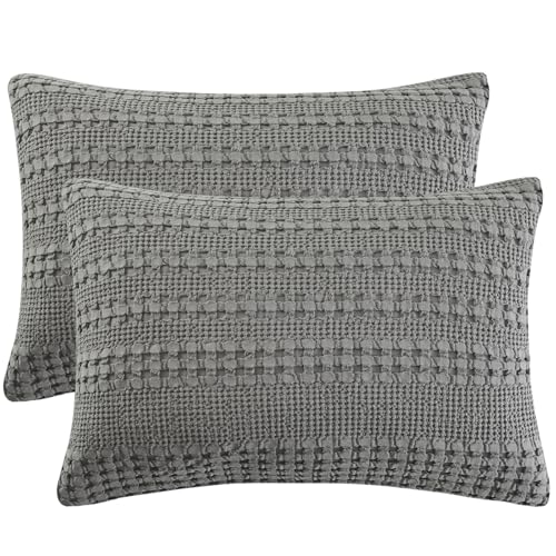 "PHF 100% Cotton Waffle Pillowcases Standard Size, 2 Pack Soft Breathable Skin-Friendly Pillow Sham,Decorative Waffle Weave Pillow Case Covers, 20"" X 26"", No Filling, Dark Grey"