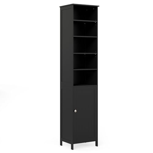 RELAX4LIFE Bathroom Tall Cabinet, Freestanding Storage Cupboard with Adjustable Shelves & Door Cabinet, Slim Narrow Organizer Unit for Bathroom, Living Room, Kitchen (Black)