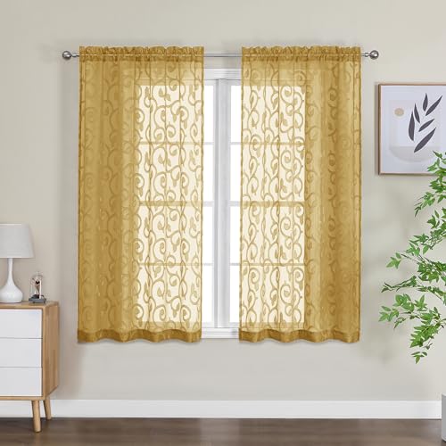 OWENIE Furman Gold Sheer Curtains 54 Inch 2 Panels Set for Living Room Bedroom Bathroom, Airy Jacquard Semi Short Curtains for Small Window, 40W x 54L