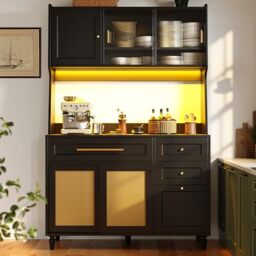 Ball & Cast Tall Kitchen Cabinet Black Sideboard Buffet Cabinet 115×40×180 cm,PE Rattan Sliding Door, 3 Drawers, Adjustable Shelves & LED Lighting, Display Storage Cabinet