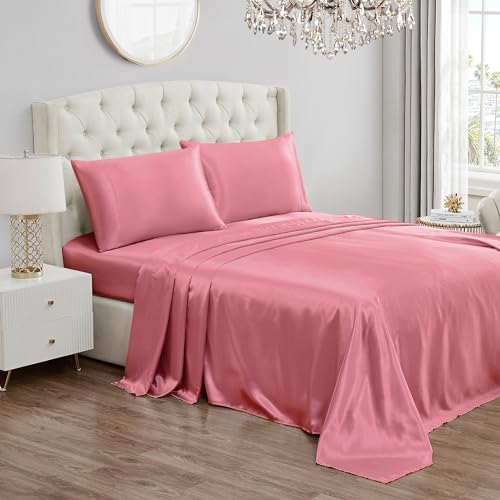 Juicy Couture Full Size Satin Bed Sheet Set, Deep Pocket Silky Satin Sheet Set with 1 Fitted Sheet, 1 Flat Sheet, and 2 Pillow Case, Wrinkle Resistant and Anti Pilling Satin Bed Sheets - Rose Pink