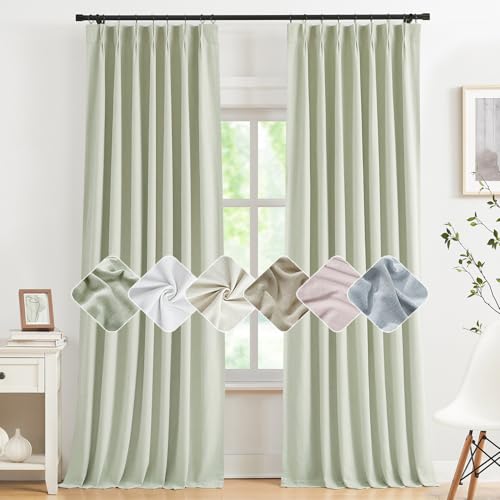"Kayne Studio Soft Green Pinch Pleated Full Blackout Curtains 90 Inch Linen Blend Thermal Insulated Soundproof Room Darkening Back Tab Window Drapes with Hooks for Living Room Bedroom(2 Panels,40""x90"")"