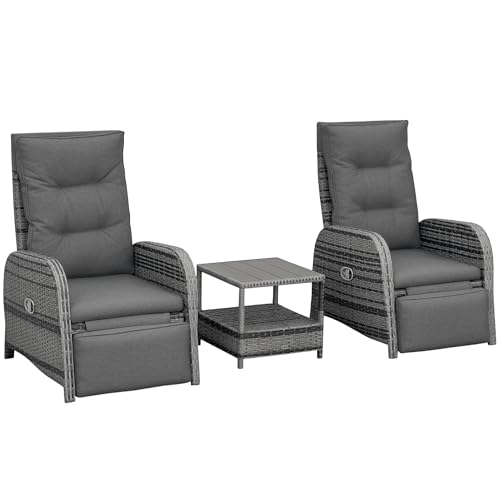 Outsunny 3 Pieces Rattan Bistro Set, Wicker Balcony Furniture Set with Reclining Sun Loungers, 2-Tier Coffee Table and Cushions, 2 Seater Garden Furniture for Outdoor Patio Balcony, Mixed Grey