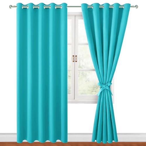 Hiasan Blackout Curtains for Bedroom, 60 x 84 Inches Long - Thermal Insulated & Light Blocking Window Curtains for Living Room, 2 Drape Panels Sewn with Tiebacks, Turquoise