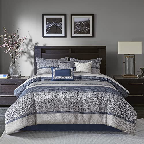 "Madison Park Luxury Comforter Set-Traditional Jacquard Design All Season Down Alternative Bedding, Matching Bedskirt, Decorative Pillows, Cal King(104""x92""), Rhapsody, Geometric Navy 7 Piece"
