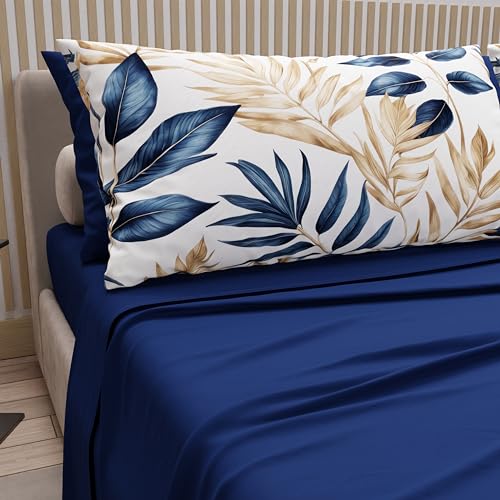 PETTI Artigiani Italiani - Cotton Sheets with Pillowcases in Digital Print, Double Maxi, Complete Top and Bottom Sheet with Corners, Sharm Electric Blue, 100% Made in Italy