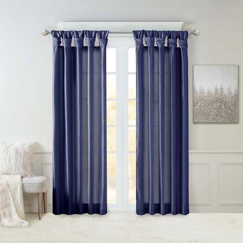 Madison Park Emilia Faux Silk Single Curtain with Privacy Lining, DIY Twist Tab Top, Window Drape for Living Room, Bedroom and Dorm, 50x84, Navy