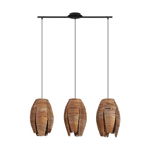Eglo Pendant Light Mongu 1, 3-Light Hanging Lamp Vintage, African, Boho, Pendant Lamp Made of Bast and Steel, Dining Table Lamp, Hanging Living Room Lamp in Natural, Black, E27 Socket