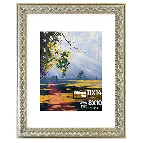 Golden State Art, 11x14 Ornate Finish Photo Frame, Silver Beige Color, with White Mat for 8x10 Picture & Real Glass