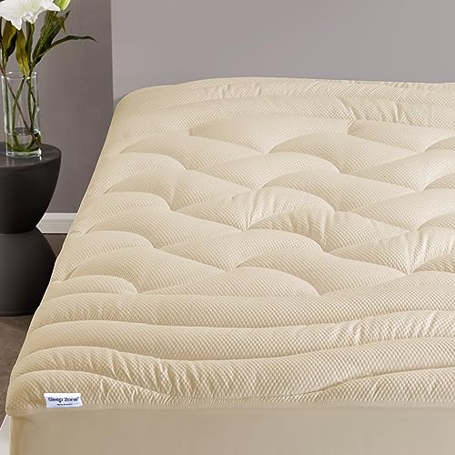 "SLEEP ZONE Cooling Queen Mattress Topper, Premium Zoned Cool Mattress Pad Cover, Thick Padded Mattress Protector Breathable Washable, Deep Pocket 8-21"" (Beige, Queen)"