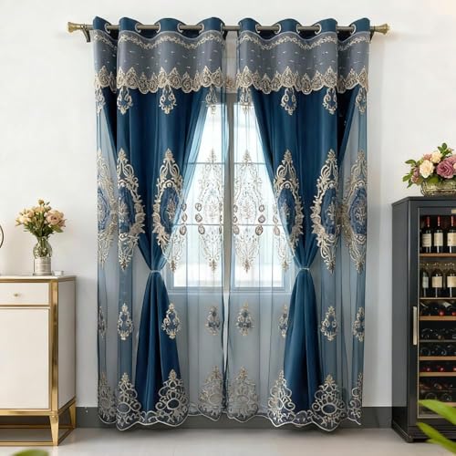Amidoudou 1 Pair European Luxury Double Layered Flower Curtains Curtains Embroidered Curtains with Valance for Living Room Bedroom Balcony (Blue,52x96 Inch)