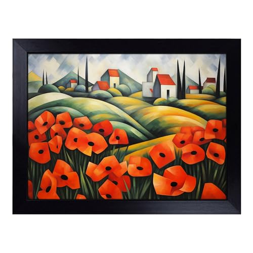 Lap Tray with Bean Bag Cushion, Poppy Field Cubism - Handmade in the UK, Raised Wooden Edge, Padded Cushion, Heat-Resistant Wipe-Clean Surface, for Meals, Laptops and Crafts