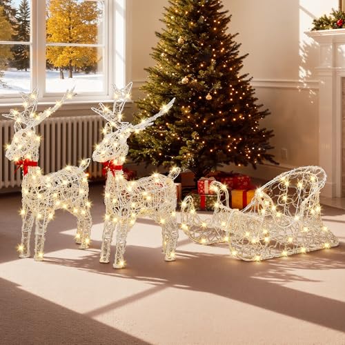 DWVO Christmas Reindeer Light Up Set, 2 Illuminated Deer Pulling Sleigh with 150 RGB LEDs, RF Remote, Detachable Antlers & Neck, Pre-Lit Holiday Decoration for Home, Garden & Patio