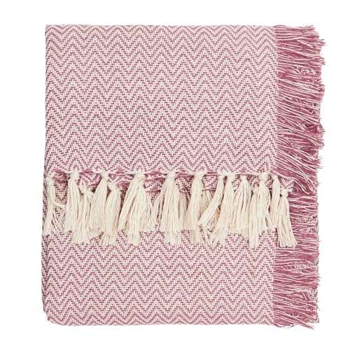 Wylder Wisley Throw – Soft Indoor/Outdoor Herringbone Woven Tassled Blanket (Heather/Pink – 130x180cm)