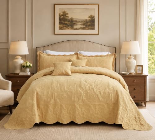HZ & HY Oversized King Bedspread 128x120, Stitched Paisley, Honey Gold - Extra Wide Coverage, 5-Piece Quilt Set, Lightweight Reversible Coverlet, Scalloped Edge, King/Cal King