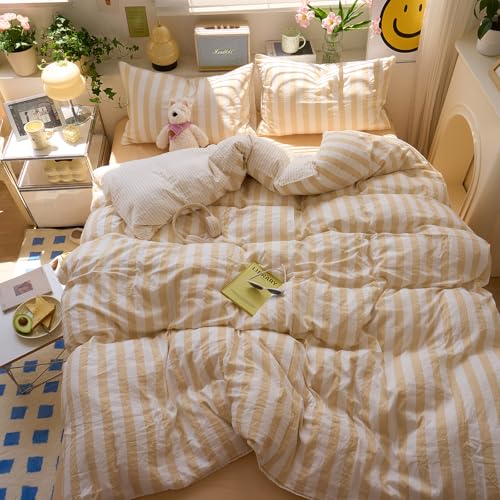 MOTNTD Salmon Pink Striped King Duvet Covers Hotel Pattern Comforter Cover King Size Boho Cute Dorm Cozy Duvet Cover Set with 2 Pillow Cases Neutral Teen Girl Bedding Washed Microfiber Duvet Protector