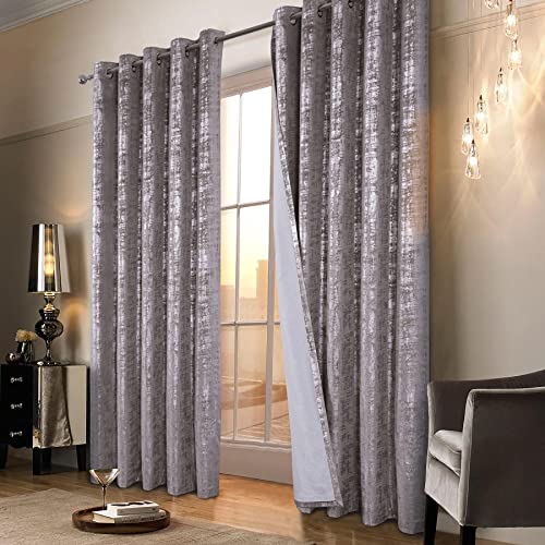 always4u 100% Blackout Soft Velvet Curtains for Bedroom Living Room Thermal Energy Saving 108 Inches Long Luxury Silver Foil Print Drapes 2 Panels Champagne