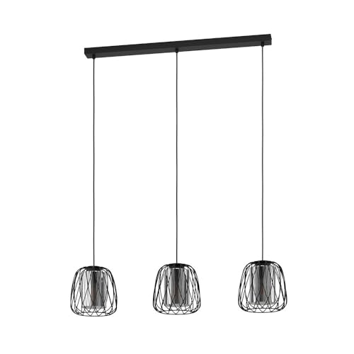 Eglo Pendant Lighting Floresta, 3 Bulb Ceiling Light Fitting Made of Black Metal and Smoked Glass, Hanging lamp for Dining and Living Room, E27 Socket