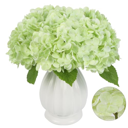 IPOPU 6PCS Real Touch Fake Hydrangea Artificial Flowers Light Green Hydrangeas with Stems Realistic Faux Hydrangeas for Home Table Wedding Baby Shower Party Floral Arrangements (Light Green)