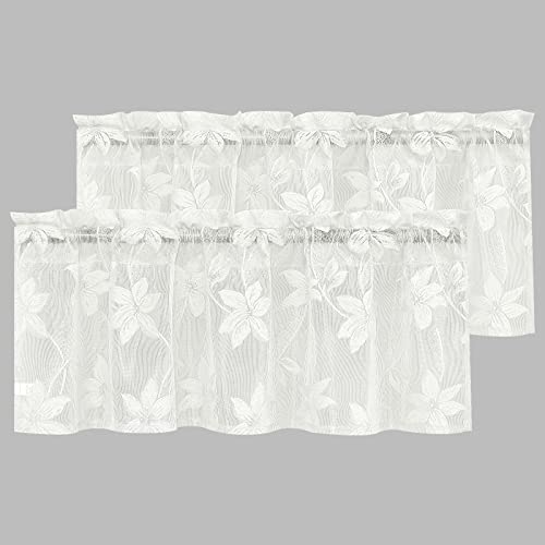 DWCN 2 Pack Ivory White Floral Lace Valances for Kitchen - Rod Pocket 42 x 12 inch Half Window Sheer Curtains for Small Window Living Room,Lace Ivory