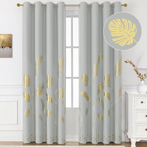 BUHUA Blackout Curtains 84 Inches Length Gold Palm Pattern Designed Window Drapes Room Darkening Noise Reducing Thermal Insulated Curtains, 52W x 84L, Light Grey, Set of 2 Panels