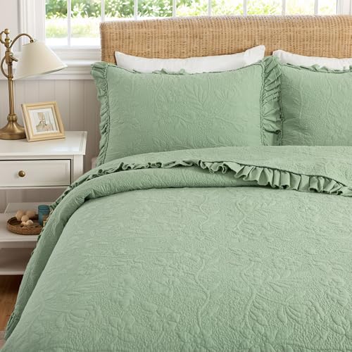 Brandream Quilt Set Full Size Cotton Sage Green Quilts Shabby Chic Bedding Ruffle Bedspreads Matelasse Coverlet Set 3-Piece