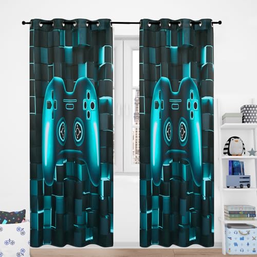 PERFEMET Gamer Curtains for Kids Video Game Controller Blackout Window Curtains for Boys Teens Bedroom 3D Gaming Gampad Black Teal Grommet Window Drapes 62 Inches Length 2 Panels(Teal, 42x63inch)