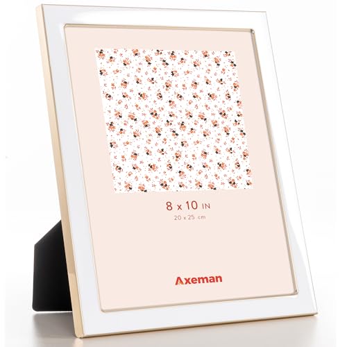 Axeman 8x10 Enamel Picture Frames with Tempered Glass-8 x 10 Modern Photo Frame with Gold Metal Edge Velvet Back for Tabletop and Wall Mount Display for Shelf, Desk & Countertop Decor, White