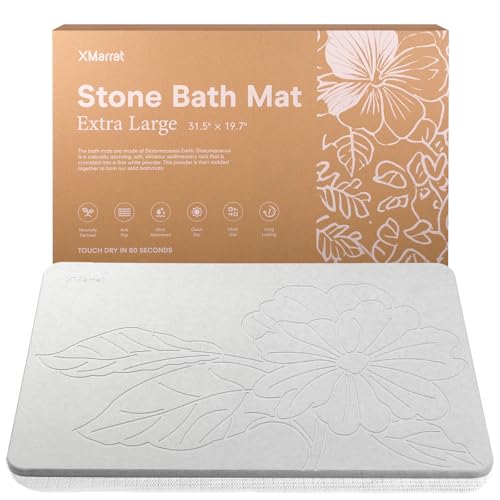 "XMarrat Extra Large Diatomaceous Earth Stone Bath Mat, 31.5""x19.7"" - Super Absorbent, Premium Fast-Drying Diatomite Bathmats, Non-Slip Base, Easy Clean for Shower Floor & Bathroom (Light Gray)"