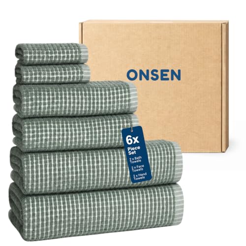 ONSEN Terry Cotton Bath Towel Set - Spruce Full Set - Checkered Pattern - Quick-Dry Plush Bath Towels - Lightweight Space-Saving Design - Machine Washable