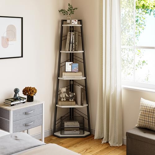 YITAHOME Corner Shelf, 5 Tier Ladder Shelf, Industrial Corner Bookshelf, Floorstanding Shelving Unit, Wooden Open Bookcase for Living Room, Hallway, Bedroom, Home Office, White Bookshelves