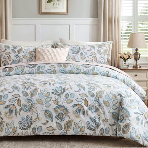 Cozaline Blue Floral Duvet Cover King Size 100% Cotton Botanical Coquette Comforter Cover 3 Pieces Soft & Breathable Duvet Cover with Zipper Closure