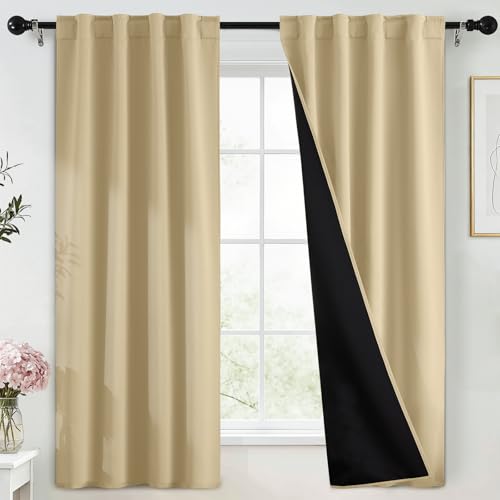 Yakamok Blackout Curtains Thermal Insulated Window Treatment Panels Room Darkening Blackout Drapes for Bedroom Back Tab/Rod Pocket Living Room Draperies, 40 x 63 Inch, Beige, 2 Panels