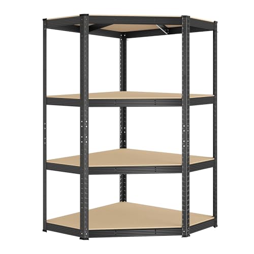 SONGMICS Corner Shelf 4-Tier, Garage Shelving, Heavy Duty Metal Shelving Units, for Garage, Storage Room, Warehouse, Loads 700 kg, Ink Black and Natural Beige GLR056B03-3V1