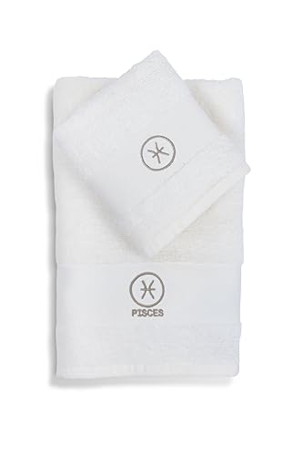 zer0bed Zodiac Zodiac Bath Towel Set, Set of 2, Face Towel, Guest Towel-Bidet, 100% Cotton, Plain with Embroidery, Fish