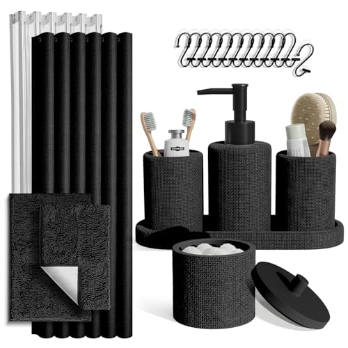 Clara Clark Black Bathroom Set - Bathroom Sets with Shower Curtain and Rugs, 21PC Bathroom Accessory Set, Shower Curtain Set with Soap Dispenser & Toothbrush Holder