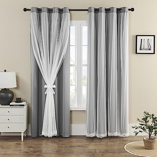 "naturetalk 90%-95% Blackout Curtains with Crushed Sheer ??? 2 Pieces Drape Panels Set ??? Antique Silver Grommet Top - Dark Grey - 52"" W x 120"" L (2 Panels)"