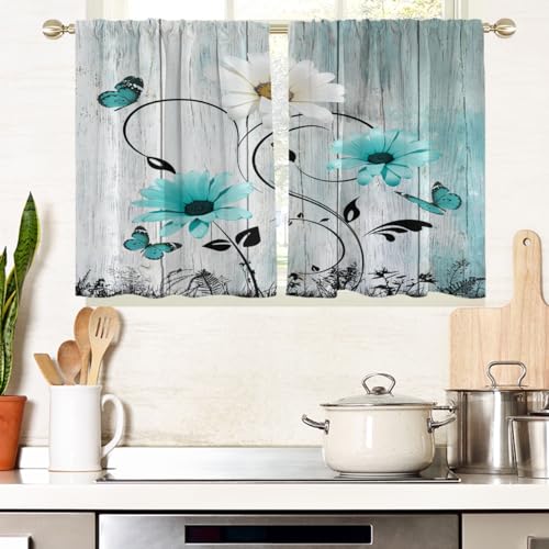 "AAtter Teal Floral Kitchen Curtains, 27.5"" W x 36"" L, 2 Panels Rod Pocket - Turquoise and White Farmhouse Window Drapes, Country Rustic Flower, Cute Vintage Daisy Butterfly, Small Short Bathroom Tiers"