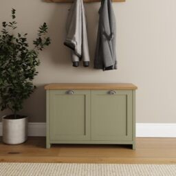 GFW Lancaster Sage Green 2 Door Shoe Cabinet, Country Cottage Hallway Storage Unit with Oak Effect Top