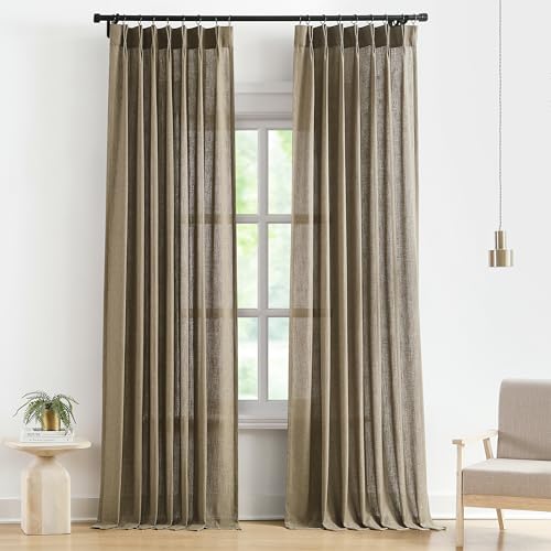 "Vision Home Brown Pinch Pleated Semi Sheer Curtains Textured Linen Blended Light Filtering Window Curtains 108 inch for Living Room Bedroom Pinch Pleat Drapes with Hooks 2 Panels 9ft 40"" Wx108 L"