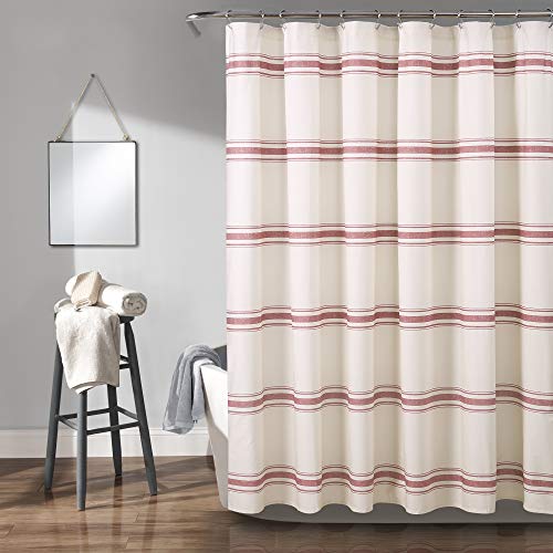 "Lush Decor Farmhouse Stripe Cotton Shower Curtain, 72"" W x 72"" L, Red - Classic Modern Rustic Charm Bathroom Decor"