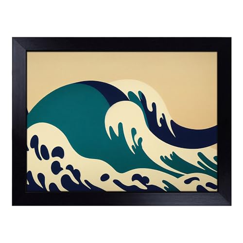 Lap Tray with Bean Bag Cushion, Abstract Japanese Wave - Handmade in the UK, Raised Wooden Edge, Padded Cushion, Heat-Resistant Wipe-Clean Surface, for Meals, Laptops and Crafts