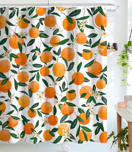 Lifeel Orange Shower Curtains, Allover Fruits Shower Curtain Round Citrus Pattern Design Waterproof Fabric Bathroom Shower Curtain Set with 12 Hooks, Orange Green