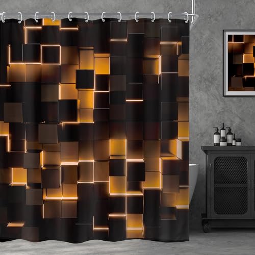"Black Orange Abstract Wall Brick Gradient Bathroom Shower Curtain Set - 60""W x 72""L shower curtain??? Futuristic Geometric: HD waterproof print, quick-dry cloth, free hooks for easy installation."